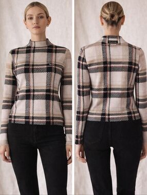 Tahari Plaid Sweater Mock Neck Beige Black Red Classic Chic Size S